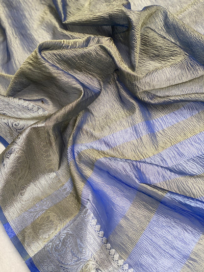 Blueish Grey Pure Crushed Tissue Handloom Banarasi Saree by Shades Of Benares - banarasi - banarasi saree shop