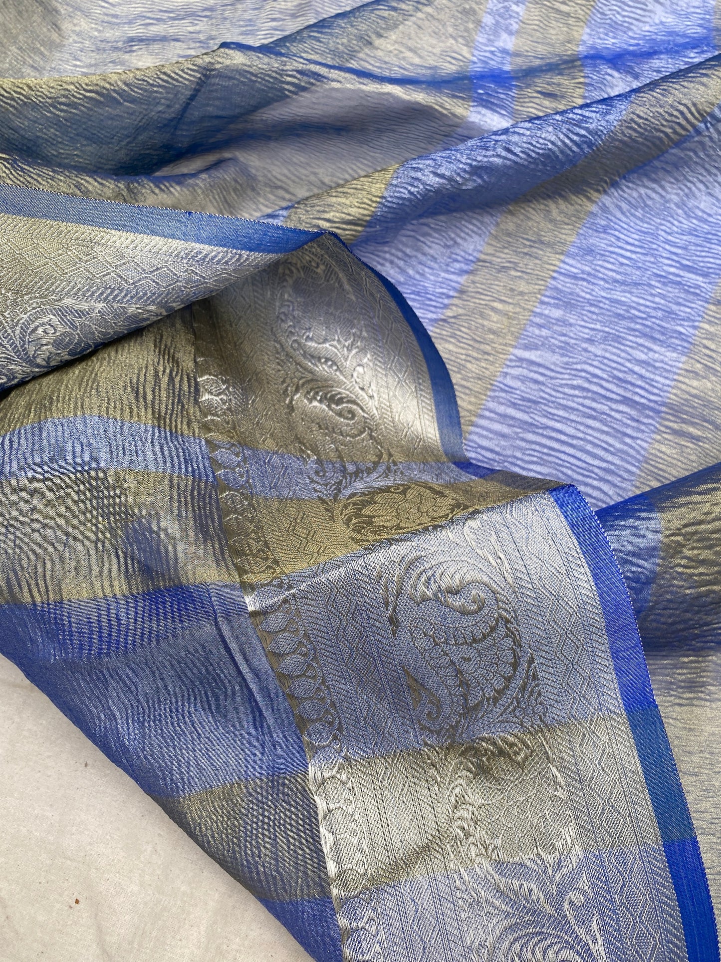 Blueish Grey Pure Crushed Tissue Handloom Banarasi Saree by Shades Of Benares - banarasi - banarasi saree shop