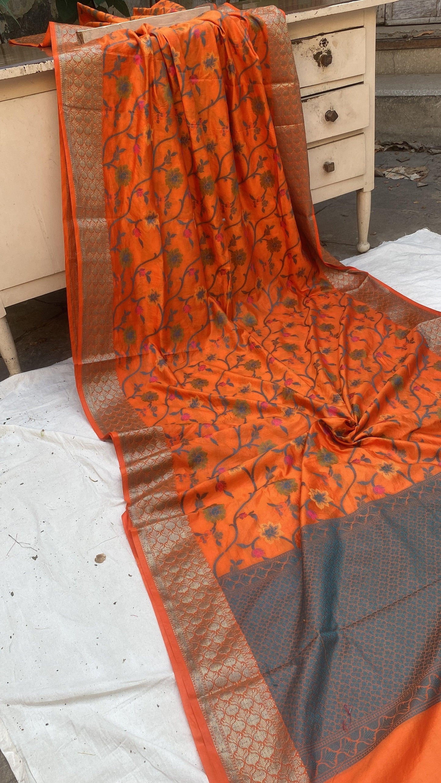 Handwoven Orange Banarasi Silk Sari by Shades Of Benares - banarasi - banarasi saree shop