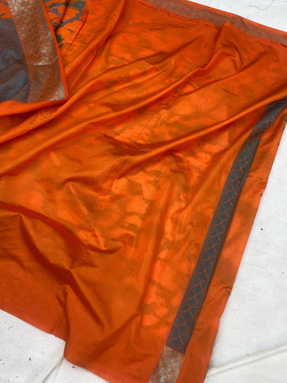 Handwoven Orange Banarasi Silk Sari by Shades Of Benares - banarasi - banarasi saree shop