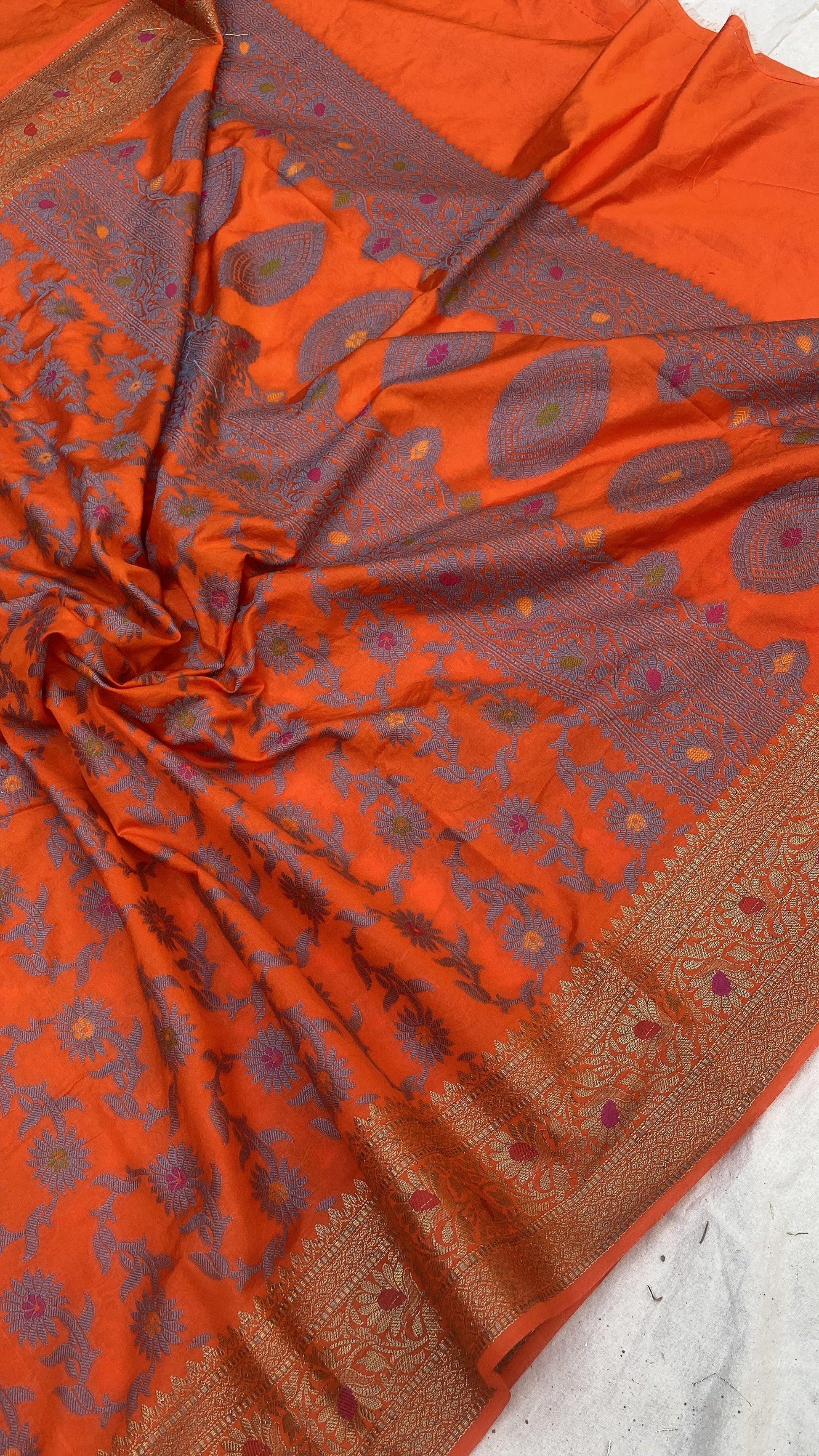 Handwoven Orange Banarasi Silk Sari by Shades Of Benares - banarasi - banarasi saree shop