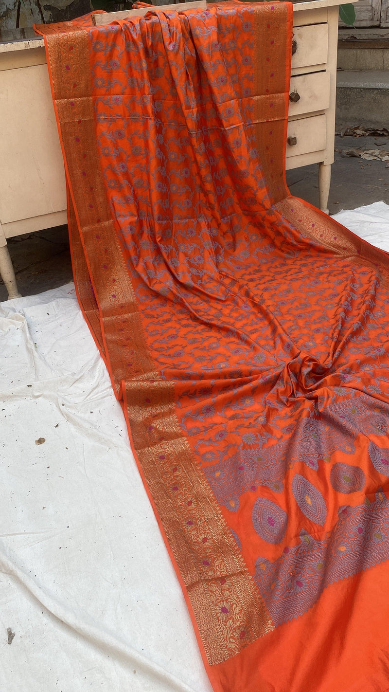 Handwoven Orange Banarasi Silk Sari by Shades Of Benares - banarasi - banarasi saree shop