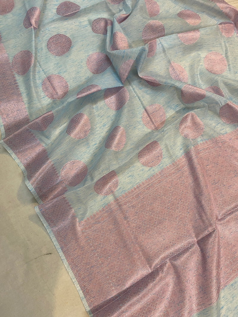 Luxurious Handloom Banarasi Saree in Sky Blue Pure Linen by Shades Of Benares - banarasi - banarasi saree shop