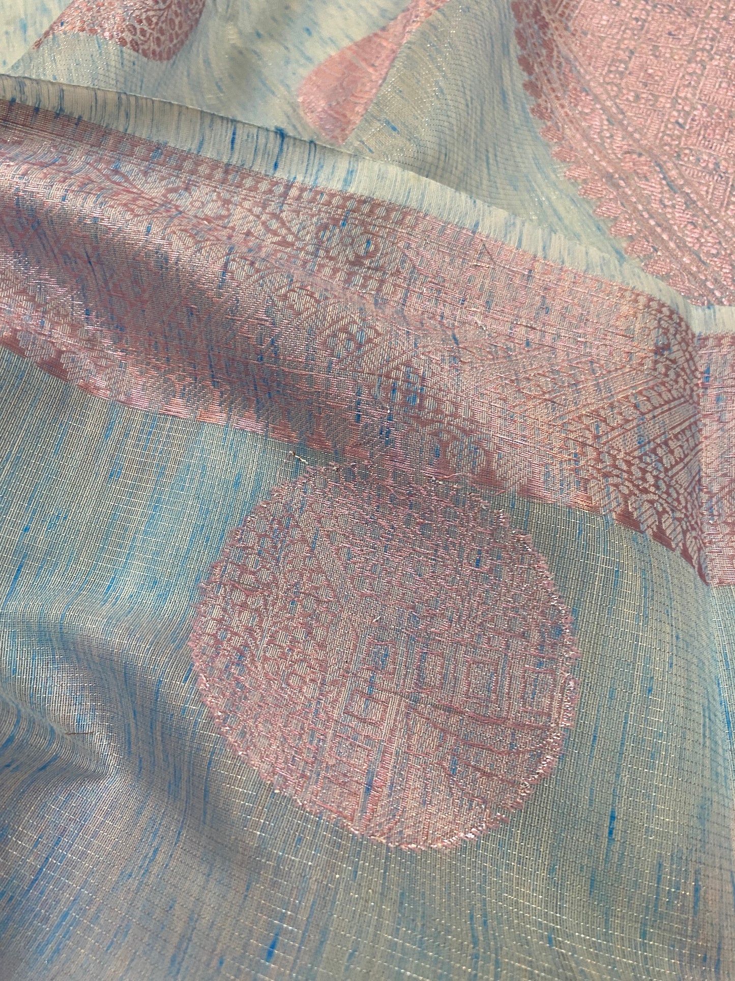 Luxurious Handloom Banarasi Saree in Sky Blue Pure Linen by Shades Of Benares - banarasi - banarasi saree shop