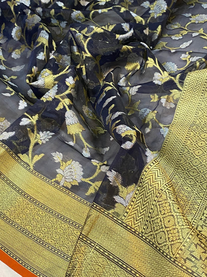 Exquisite Handloom Banarasi Sari in Black Pure Organza Silk by Shades Of Benares - banarasi - banarasi saree shop