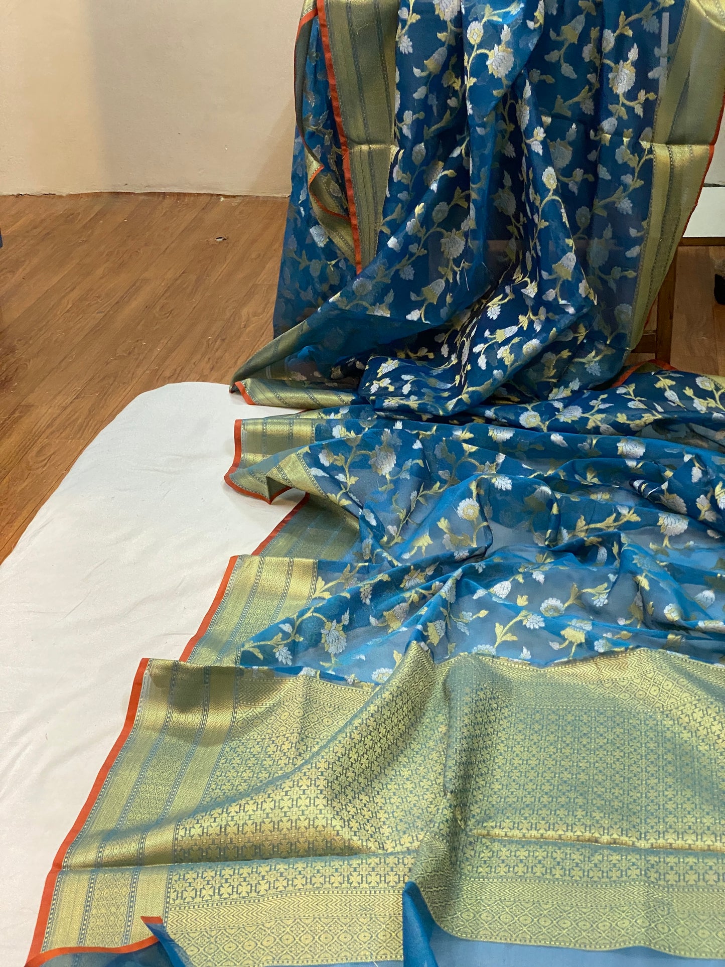 Elegant Handloom Banarasi Sari in Blue Pure Organza Silk by Shades Of Benares - banarasi - banarasi saree shop