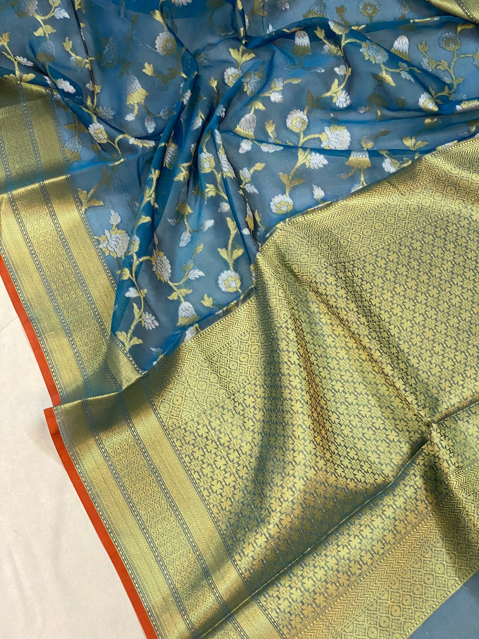 Elegant Handloom Banarasi Sari in Blue Pure Organza Silk by Shades Of Benares - banarasi - banarasi saree shop