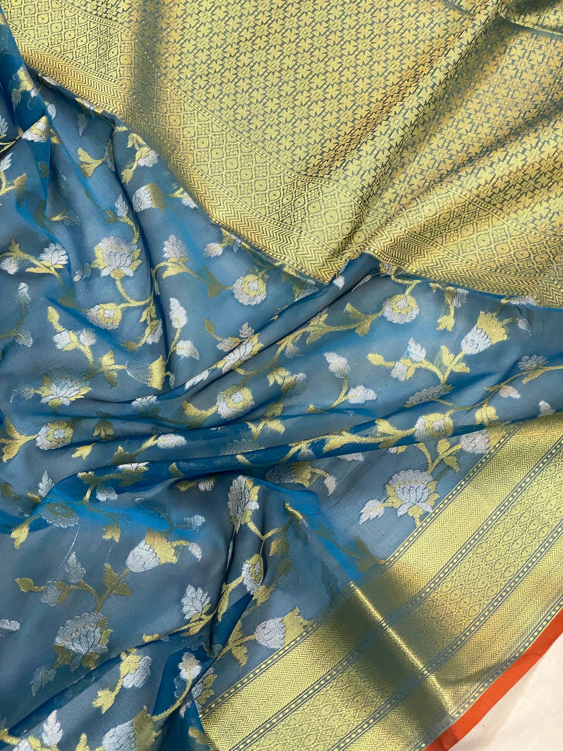 Elegant Handloom Banarasi Sari in Blue Pure Organza Silk by Shades Of Benares - banarasi - banarasi saree shop