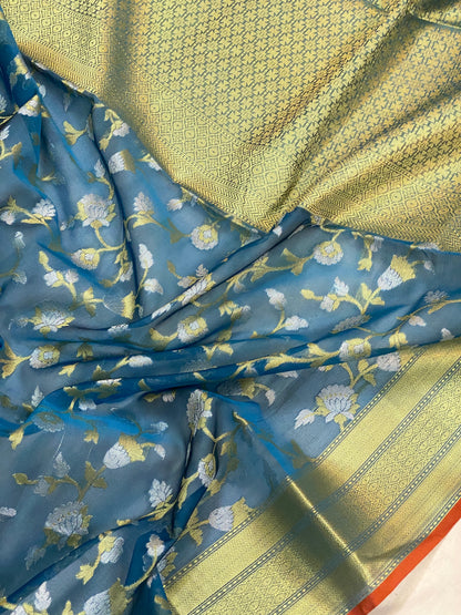 Elegant Handloom Banarasi Sari in Blue Pure Organza Silk by Shades Of Benares - banarasi - banarasi saree shop