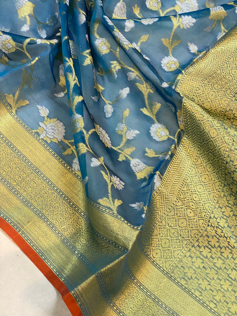 Elegant Handloom Banarasi Sari in Blue Pure Organza Silk by Shades Of Benares - banarasi - banarasi saree shop