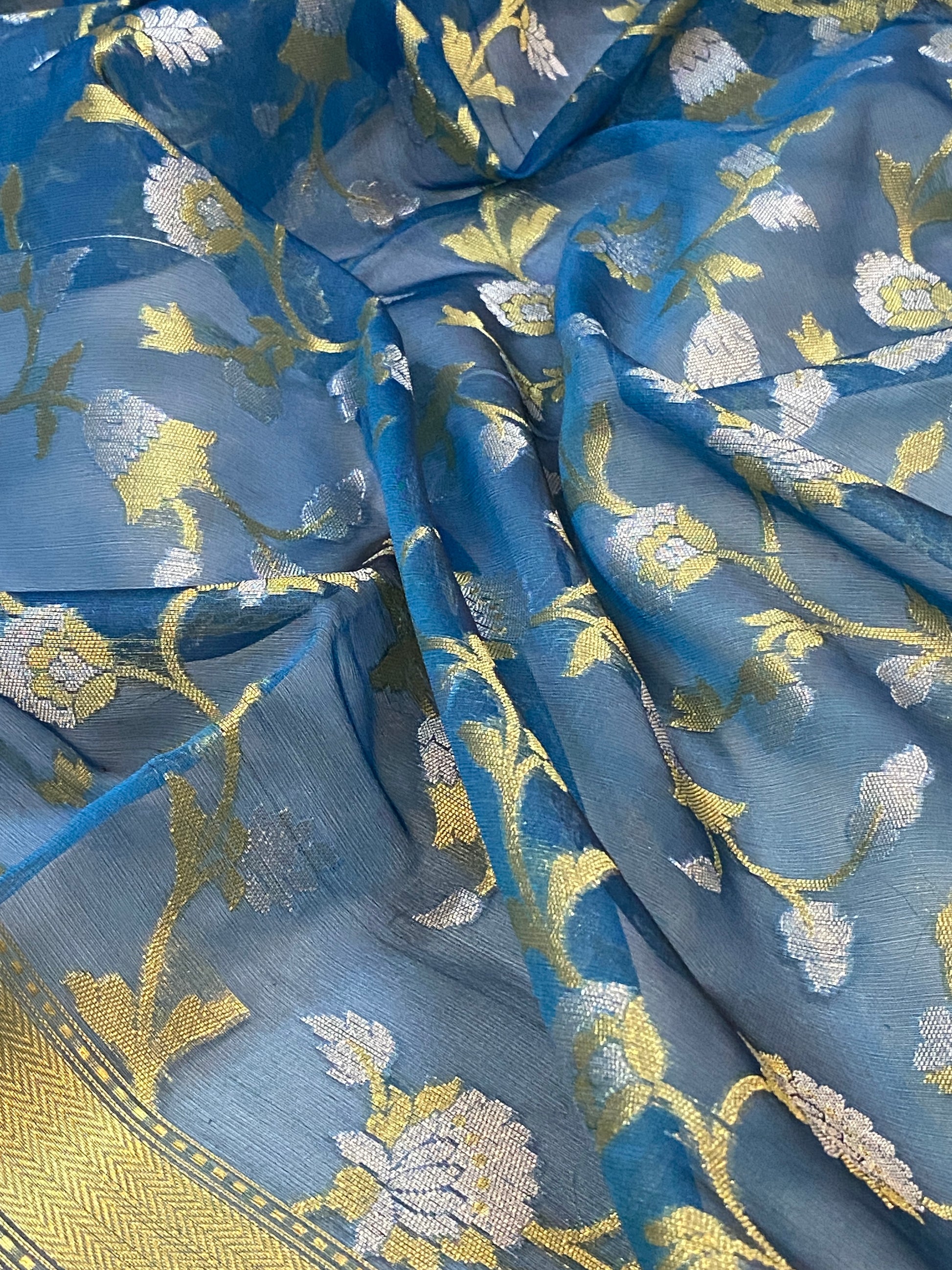 Elegant Handloom Banarasi Sari in Blue Pure Organza Silk by Shades Of Benares - banarasi - banarasi saree shop