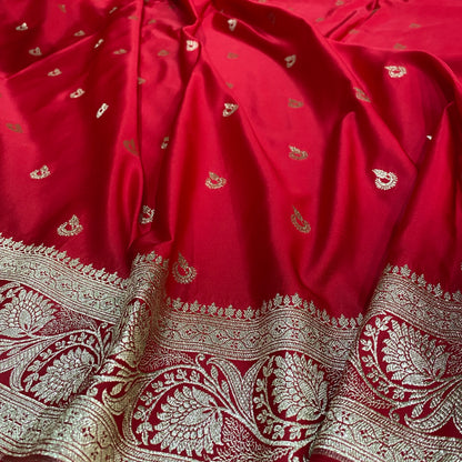 The Crimson Luxe: All-Over Buti Pure Satin Silk Banarasi Saree by Shades Of Banaras - banarasi - banarasi saree shop - banarasi saree manufacturers - banarasi saree wholesale - banaraasi sarees - banarasi sari - banarasi saris - silk saree - silk sari - wedding saree - wedding sari - designer sari - wedding collection - gifting