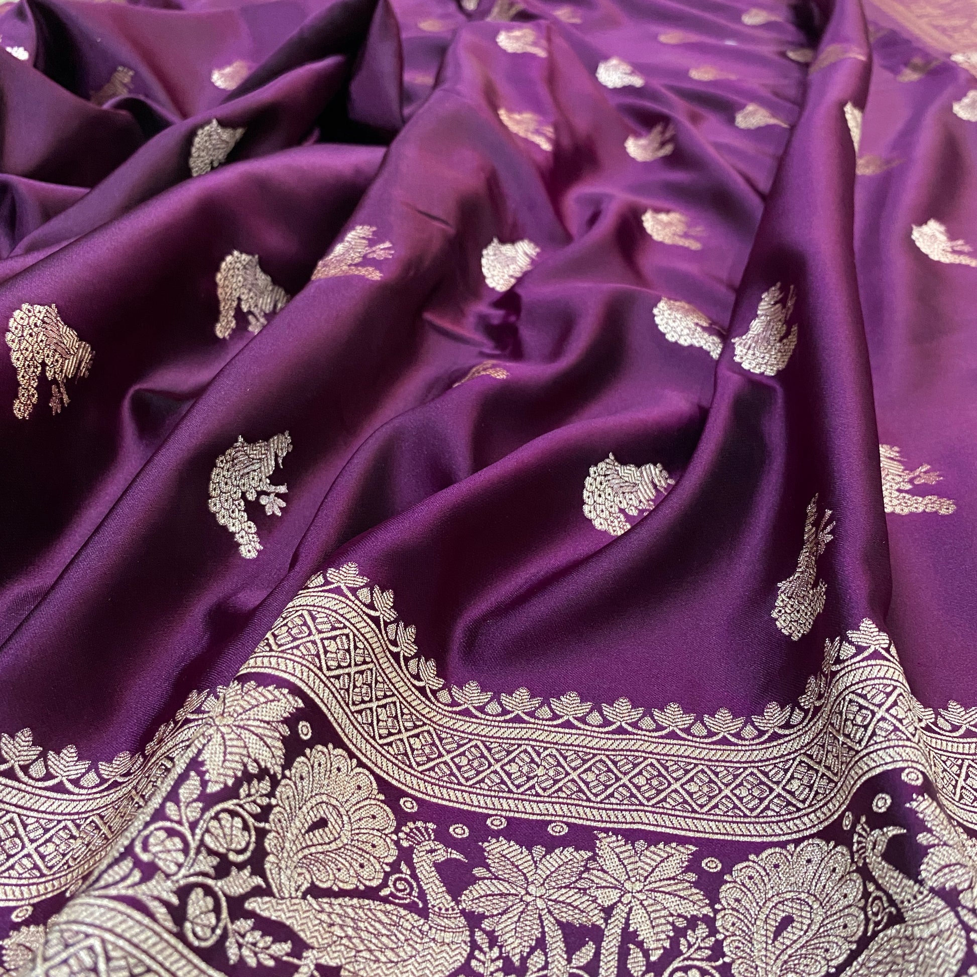 The Vintage Wine Luxe: Bird Motif Pure Satin Silk Banarasi Saree by Shades Of Banaras - banarasi - banarasi saree shop - banarasi saree manufacturers - banarasi saree wholesale - banaraasi sarees - banarasi sari - banarasi saris - silk saree - silk sari - wedding saree - wedding sari - designer sari - wedding collection - gifting
