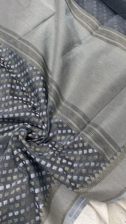 Handwoven Grey Pure Banarasi Cotton Sari by Shades Of Benares - banarasi - banarasi saree shop