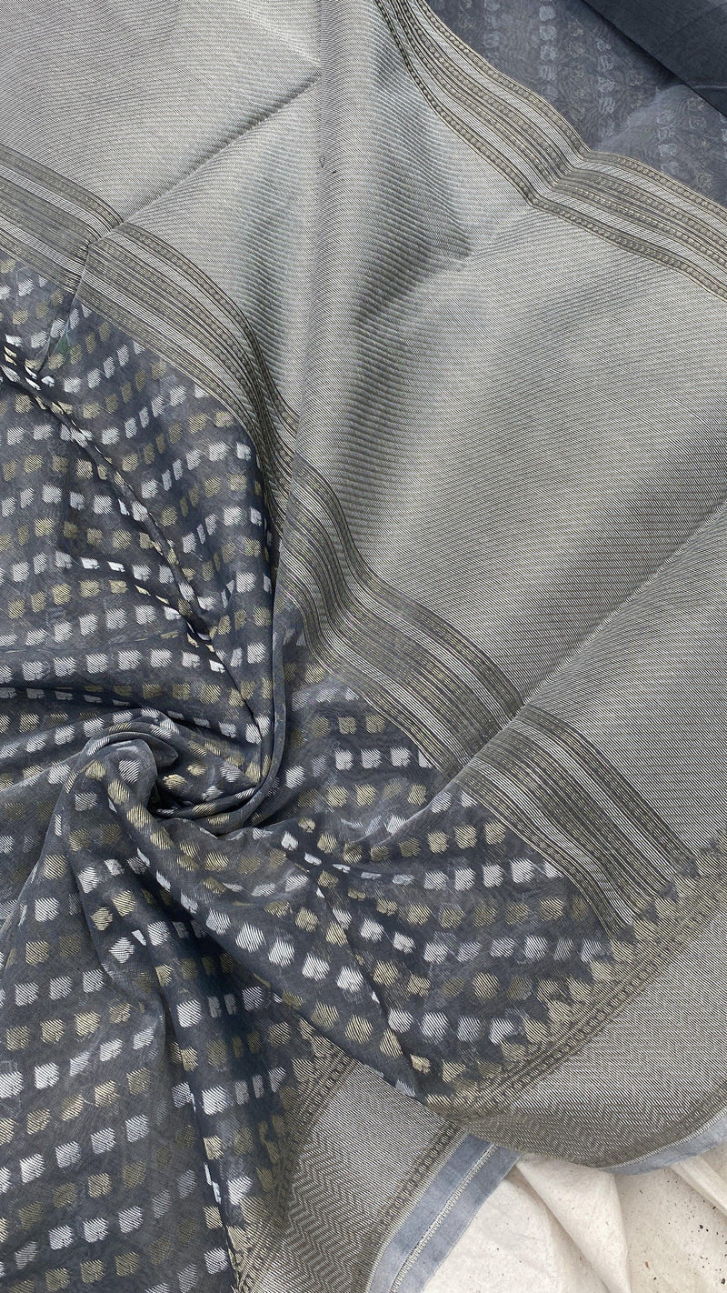 Handwoven Grey Pure Banarasi Cotton Sari
