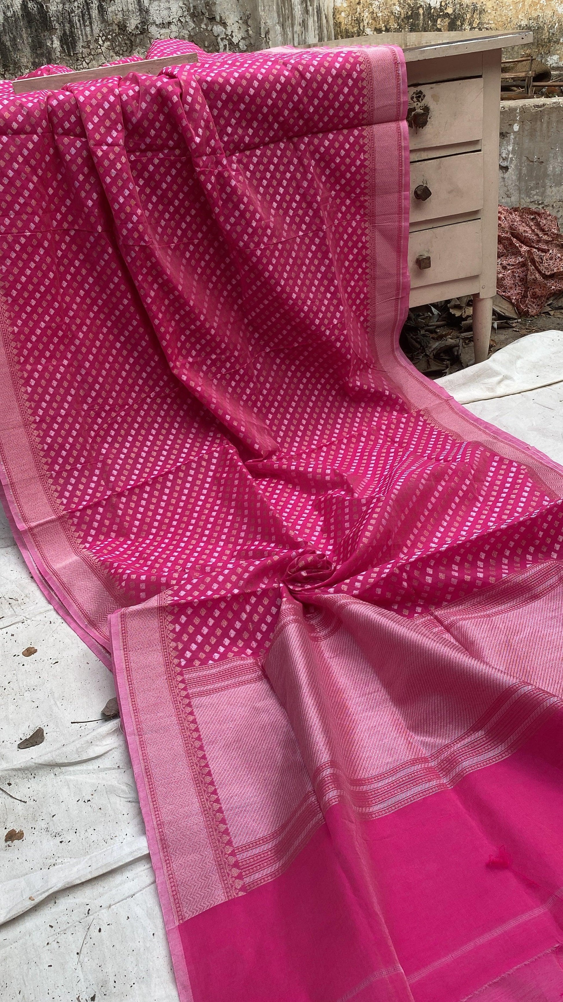 Handwoven Pink Pure Banarasi Cotton Sari by Shades Of Benares - banarasi - banarasi saree shop