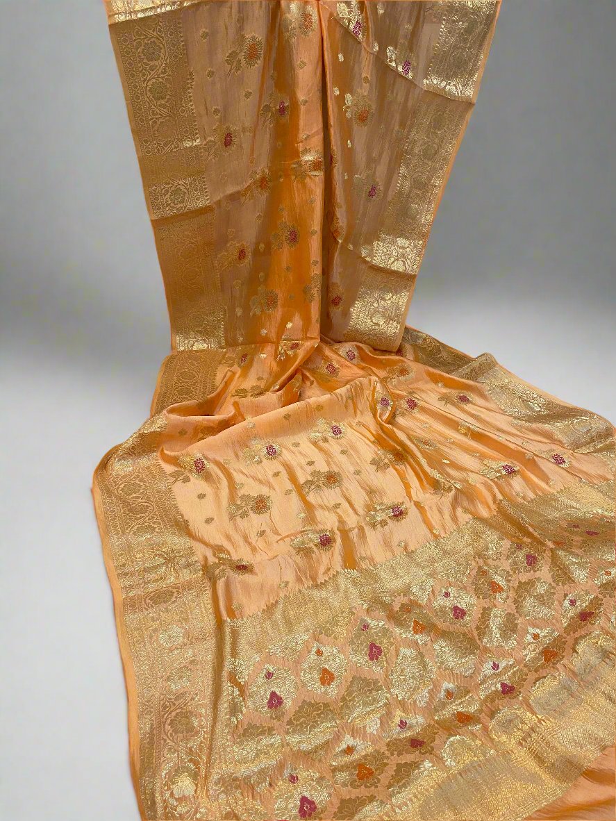 Exquisite Peachy Orange Silk Saree by Shades Of Benares - banarasi - banarasi saree shop