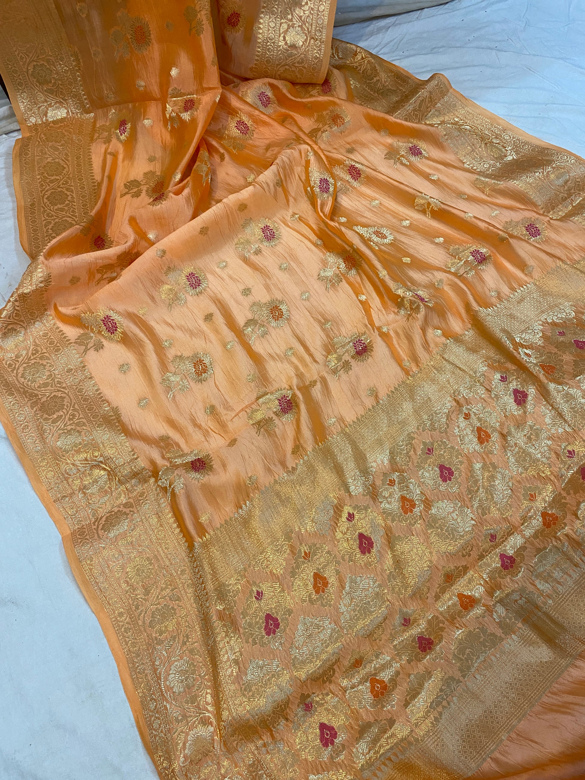 Exquisite Peachy Orange Silk Saree by Shades Of Benares - banarasi - banarasi saree shop