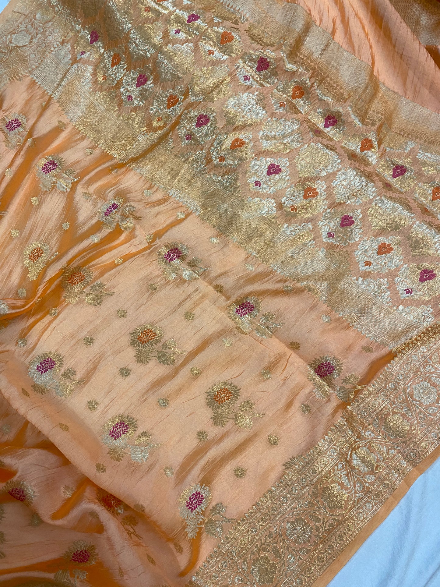 Exquisite Peachy Orange Silk Saree by Shades Of Benares - banarasi - banarasi saree shop