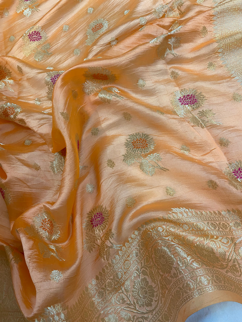 Exquisite Peachy Orange Silk Saree by Shades Of Benares - banarasi - banarasi saree shop