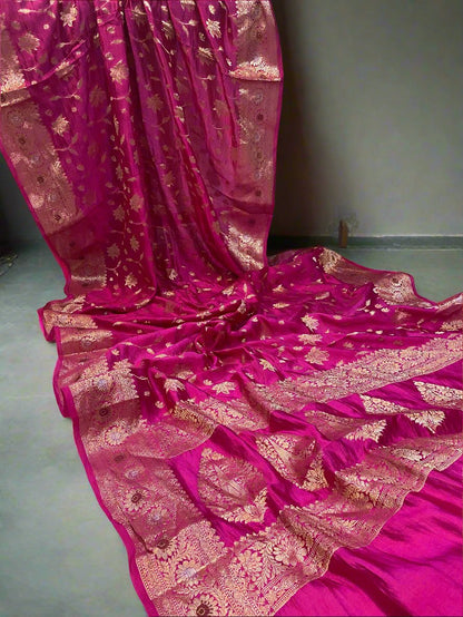 Vibrant Handloom Banarasi Saree in Rani Pink Pure Silk by Shades Of Benares - banarasi - banarasi saree shop