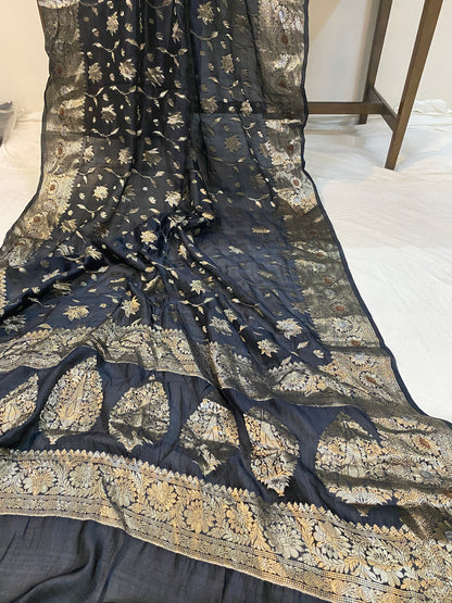 Timeless Handloom Banarasi Saree in Black Pure Silk by Shades Of Benares - banarasi - banarasi saree shop