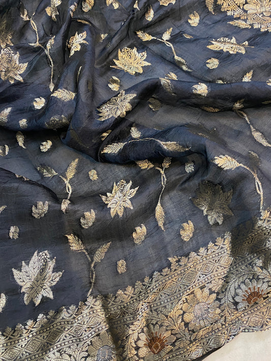 Timeless Handloom Banarasi Saree in Black Pure Silk by Shades Of Benares - banarasi - banarasi saree shop