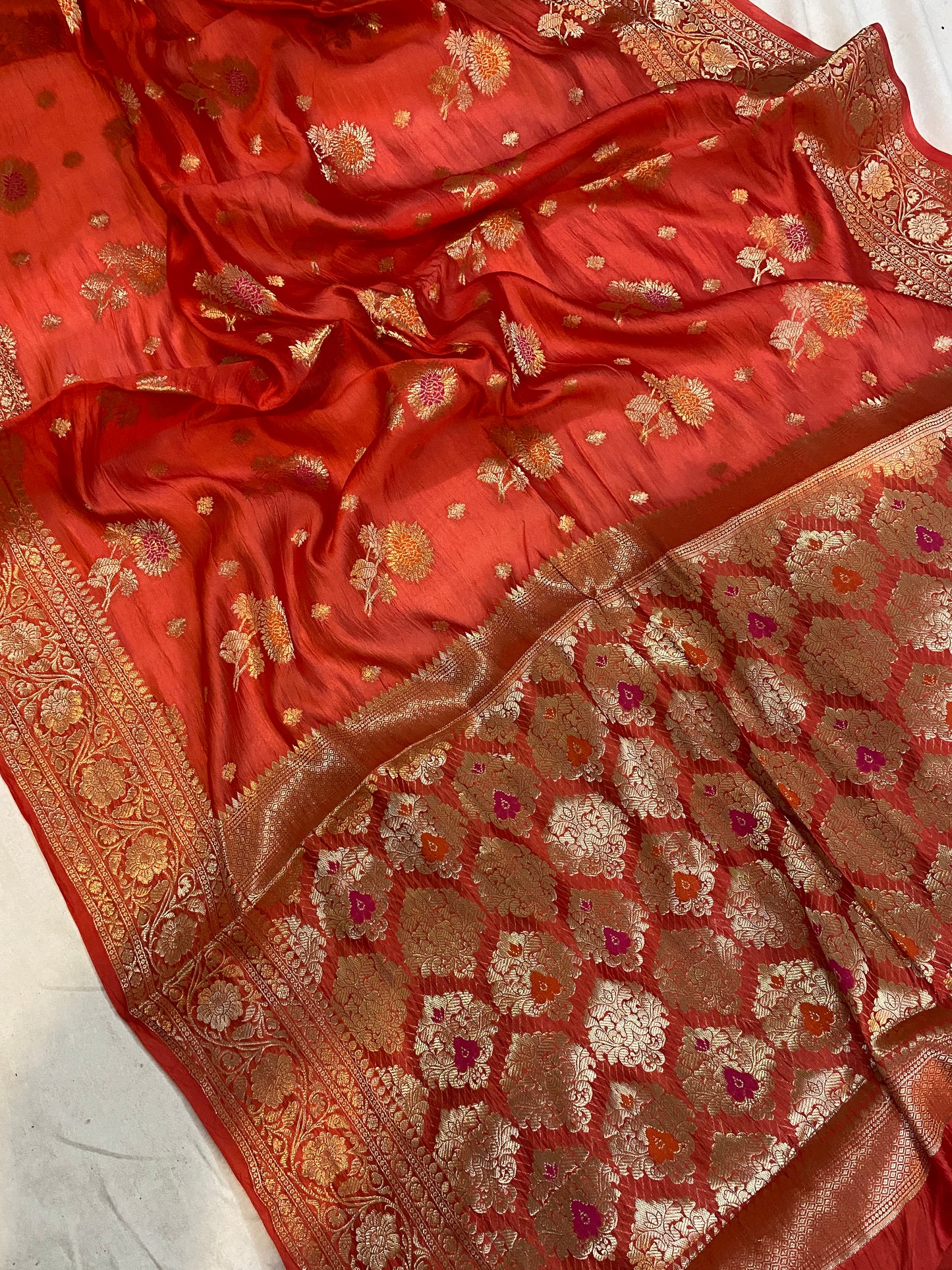 Unmatched Elegance: The Reddish Orange Banarasi Saree by Shades Of Benares - banarasi - banarasi saree shop