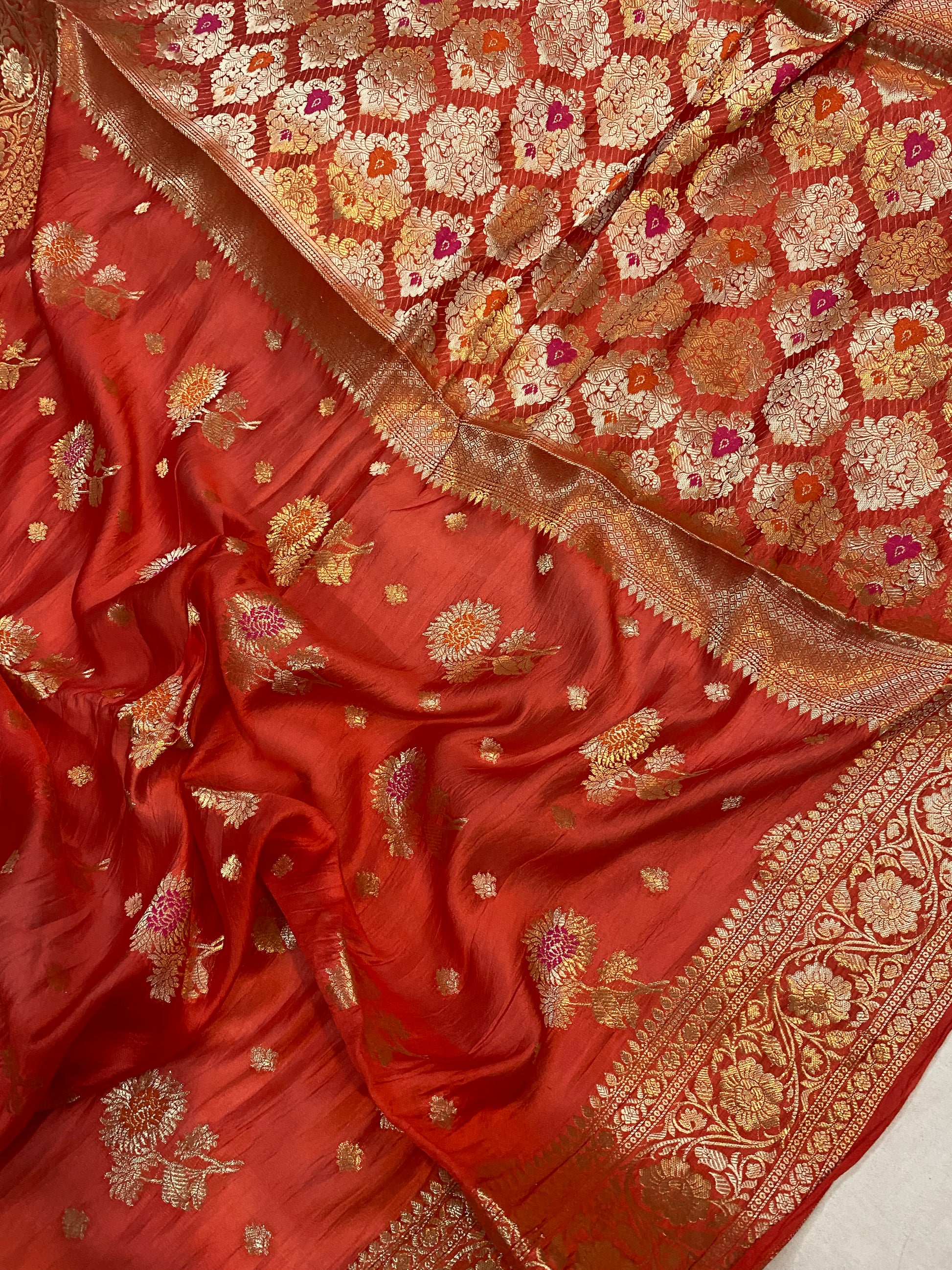 Unmatched Elegance: The Reddish Orange Banarasi Saree by Shades Of Benares - banarasi - banarasi saree shop