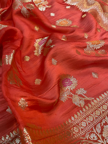 Unmatched Elegance: The Reddish Orange Banarasi Saree by Shades Of Benares - banarasi - banarasi saree shop