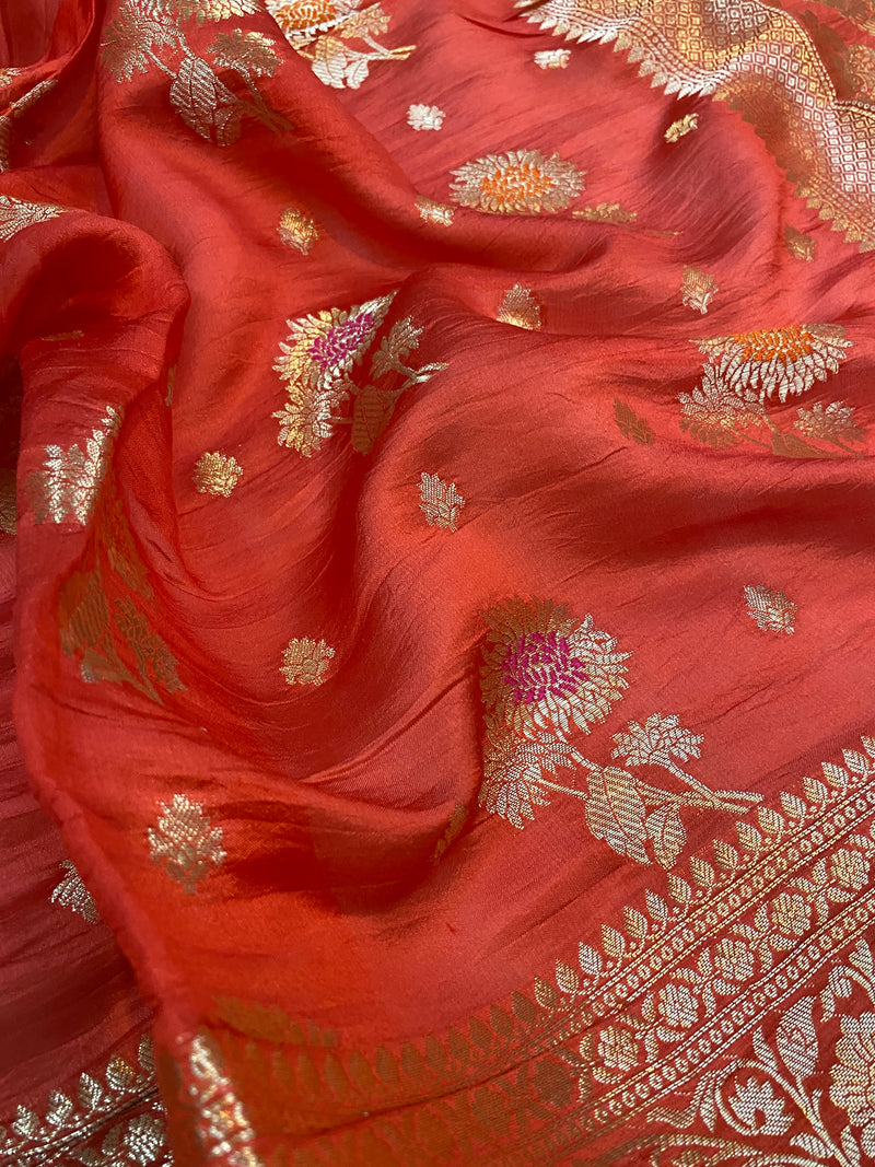 Unmatched Elegance: The Reddish Orange Banarasi Saree