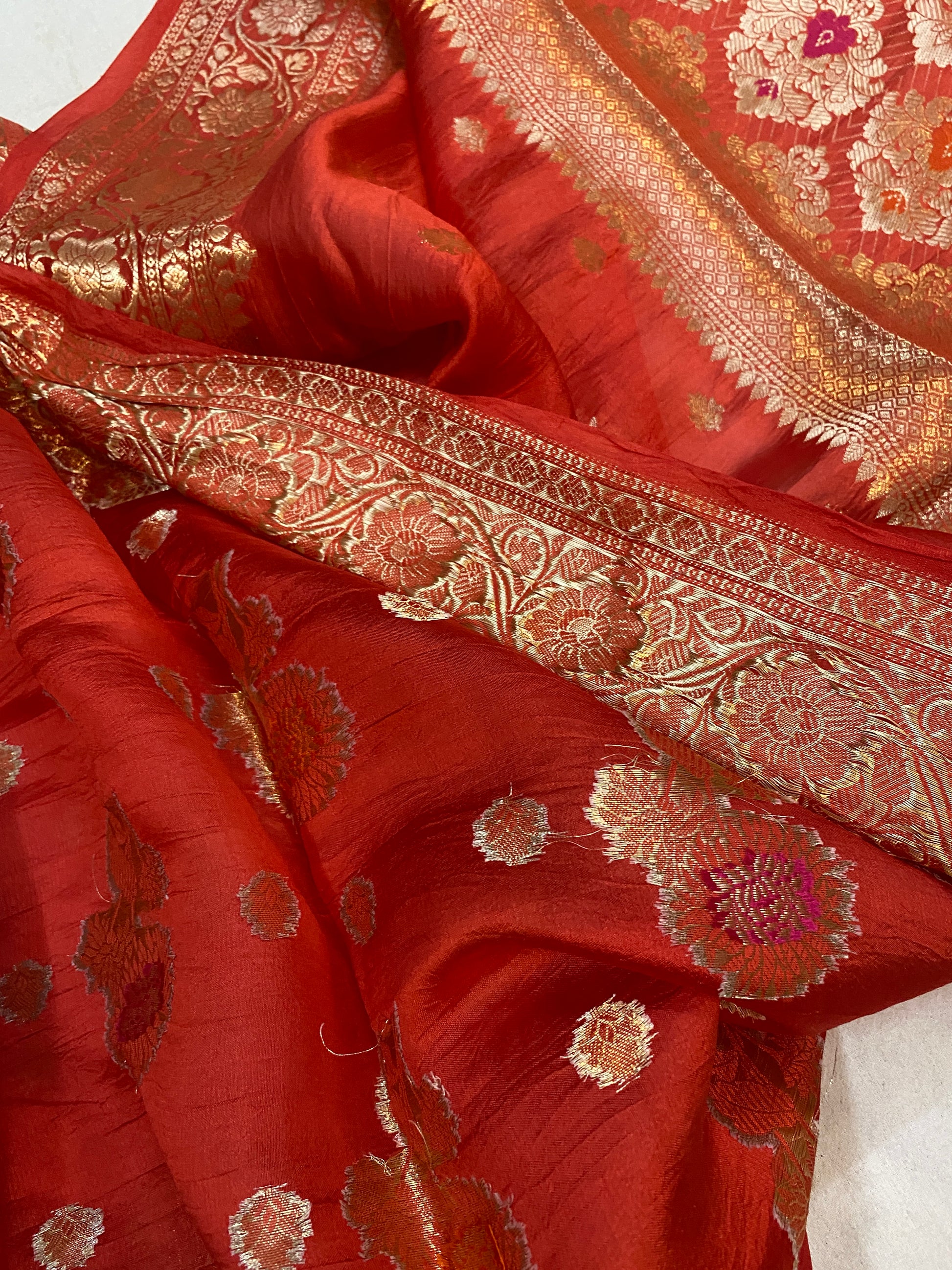 Unmatched Elegance: The Reddish Orange Banarasi Saree by Shades Of Benares - banarasi - banarasi saree shop