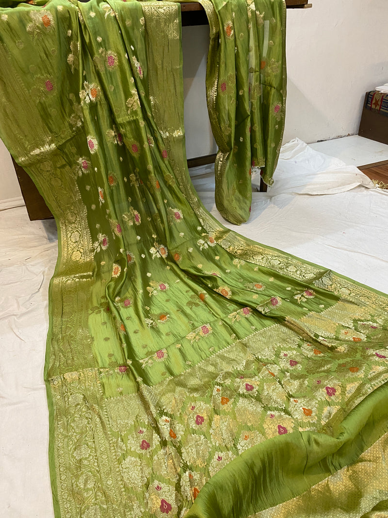 Lush Elegance: The Leaf Green Banarasi Saree by Shades Of Benares - banarasi - banarasi saree shop