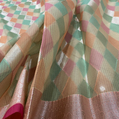 Mint Green & Pink Handwoven Kora Kota Luxe Banarasi Saree