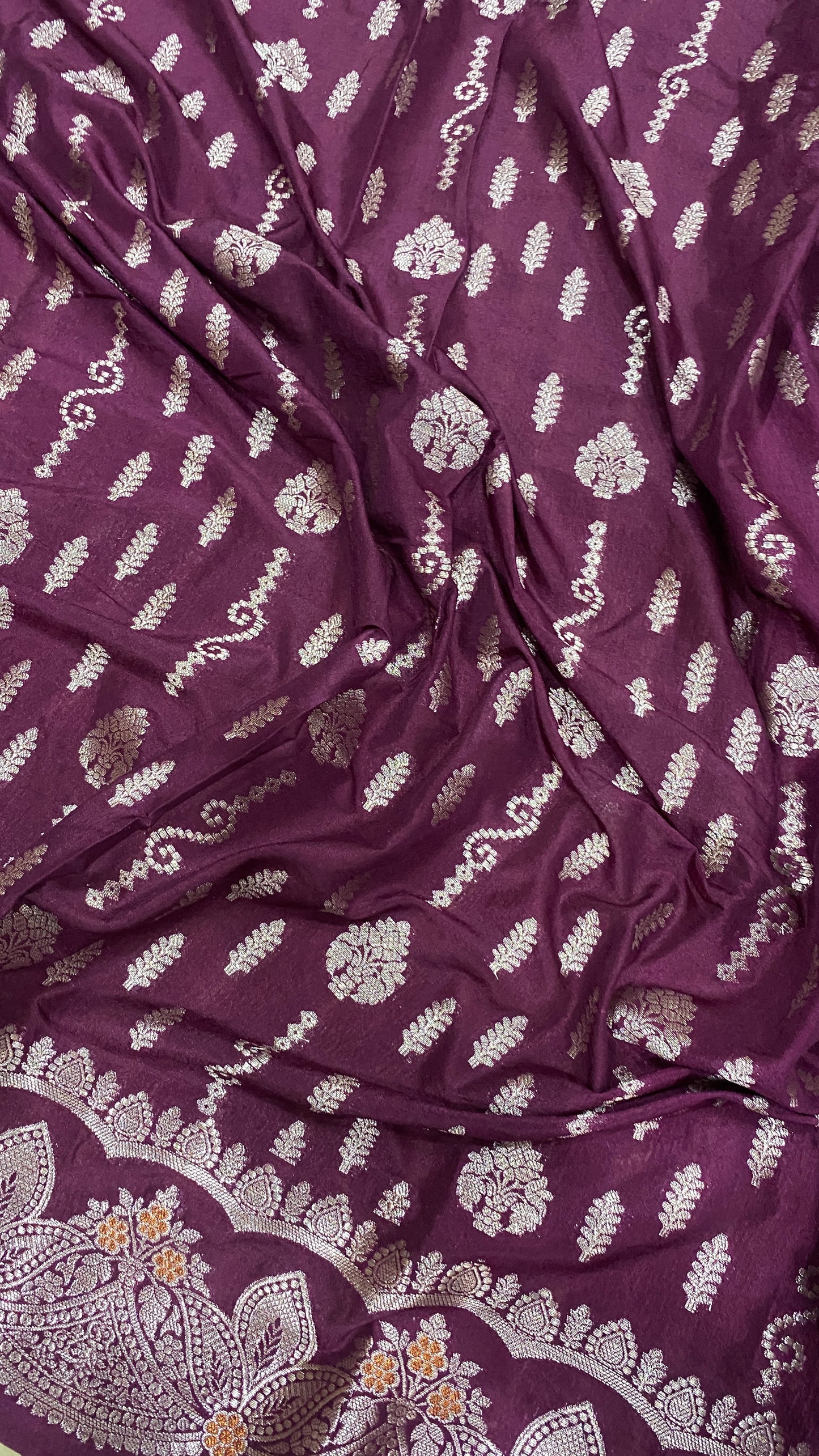 Wine Luxe Couture Handwoven Banarasi Cotton Silk Saree in Matt Silver Zari