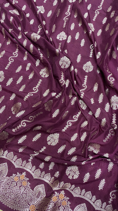 Wine Luxe Couture Handwoven Banarasi Cotton Silk Saree in Matt Silver Zari