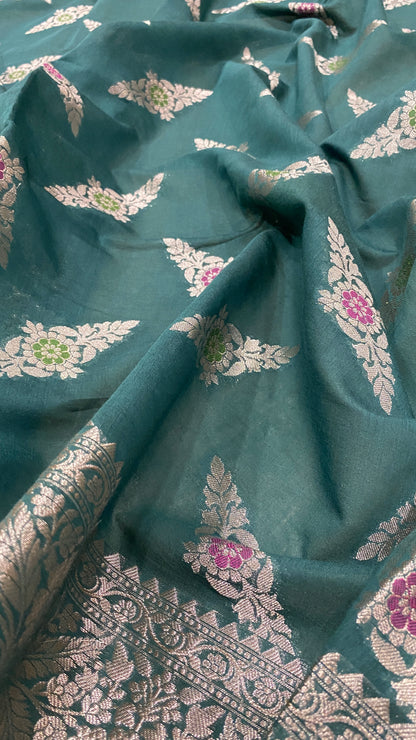 Bottle Green Handwoven Minakari Pure Cotton Silk Banarasi Saree – Luxe Matt Silver Zari Edition