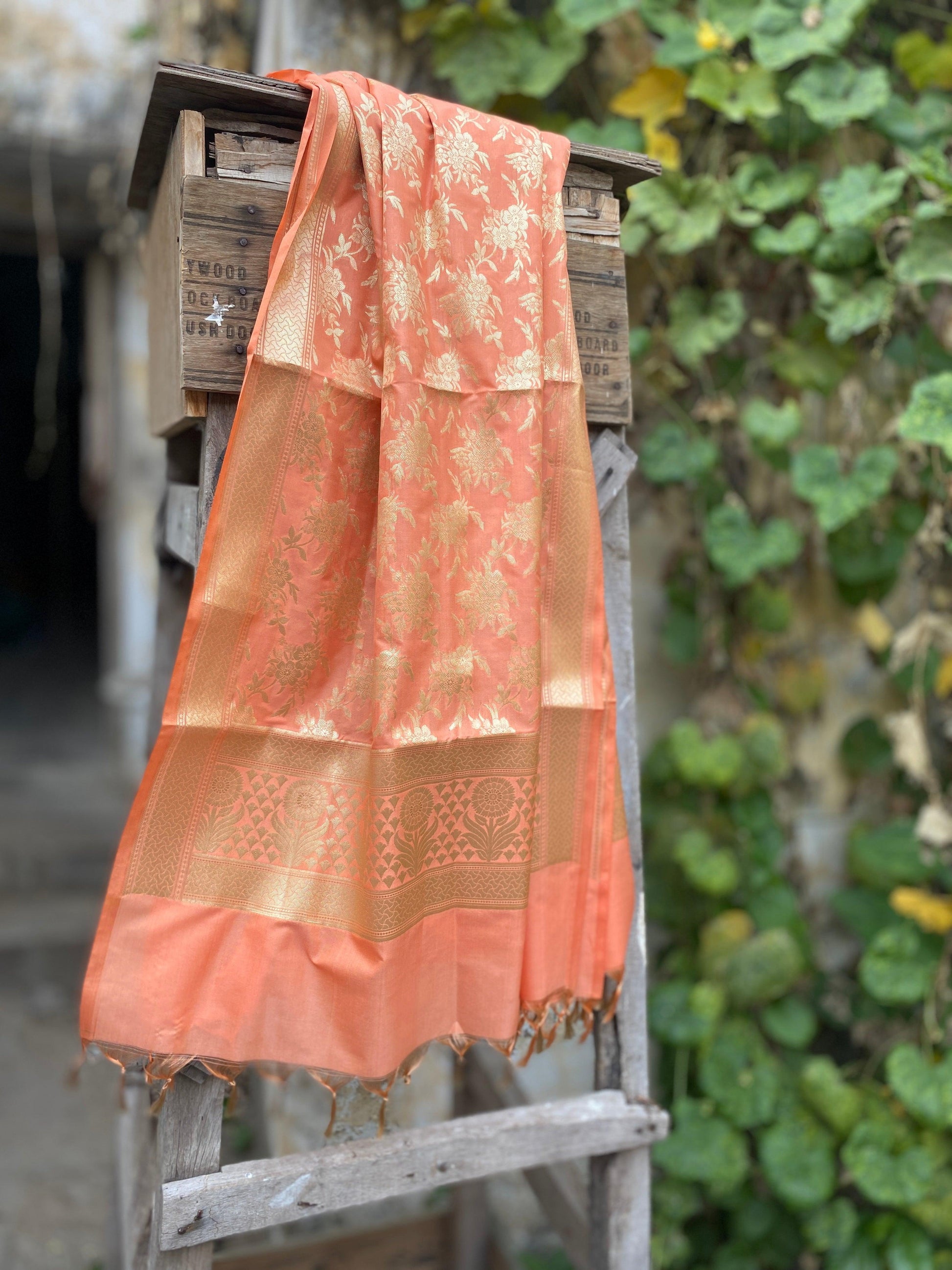 Handwoven Peach Silk Dupatta by Shades Of Benares - banarasi - banarasi saree shop