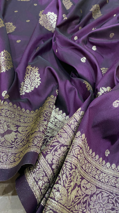 Purple Royale Luxe Banarasi Silk Saree | Matte Gold Zari Buti Handloom Drape