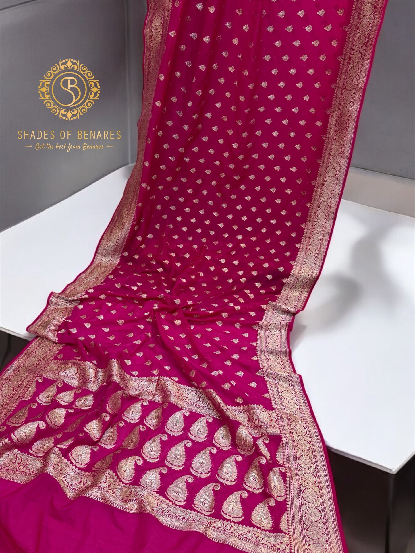 Vibrant Elegance: The Raani Pink Pure Chiffon Georgette Banarasi Saree by Shades Of Benares - banarasi - banarasi saree shop