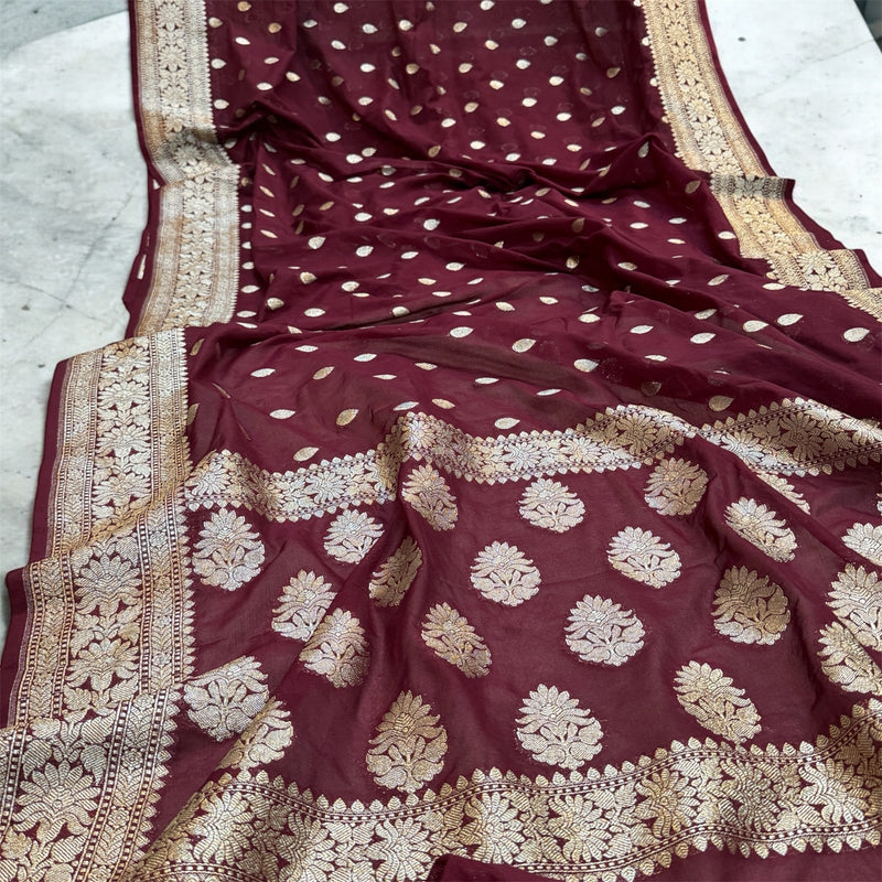 Opulent Elegance: The Wine Chiffon Georgette Banarasi Saree