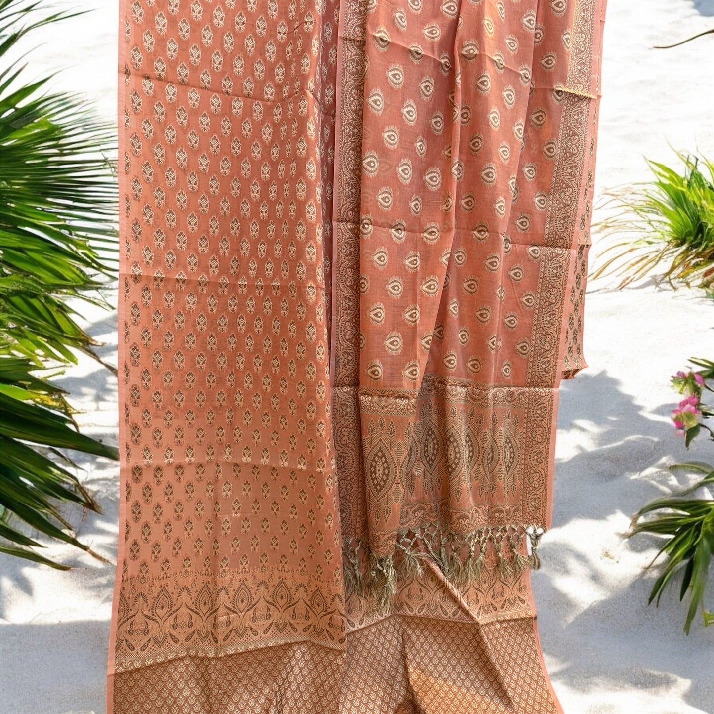 Charming Elegance: The Peach 3-Piece Handloom Pure Cotton Banarasi Suit Set by Shades Of Benares - banarasi - banarasi saree shop