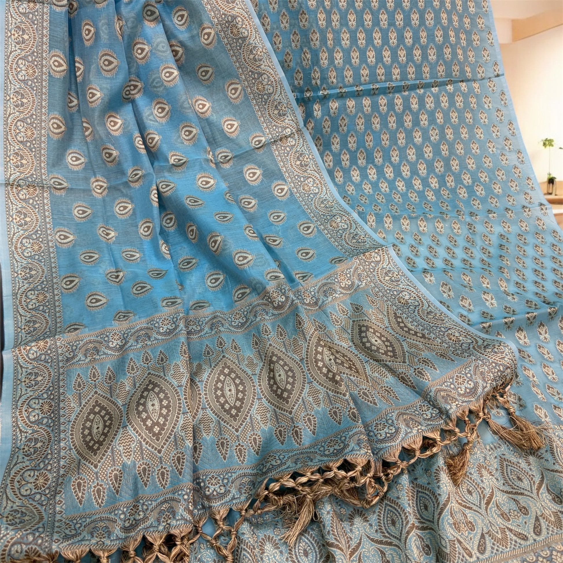 Timeless Charm: The Blue 3-Piece Handloom Pure Cotton Banarasi Suit Set by Shades Of Benares - banarasi - banarasi saree shop