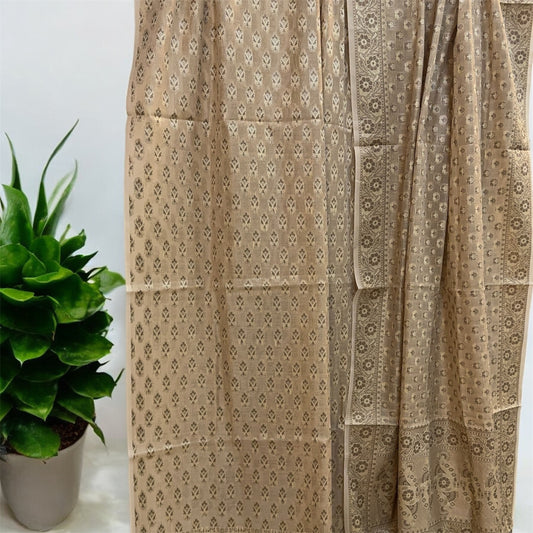 Timeless Elegance: The Creme 3-Piece Handloom Pure Cotton Banarasi Suit Set by Shades Of Benares - banarasi - banarasi saree shop