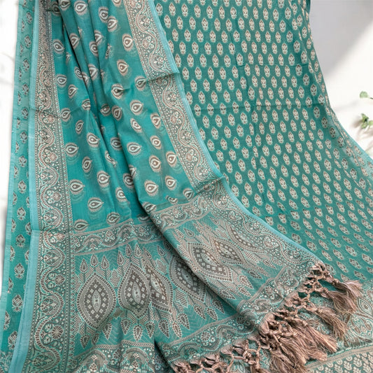 Serene Elegance: The Sea Green 3-Piece Handloom Pure Cotton Banarasi Suit Set by Shades Of Benares - banarasi - banarasi saree shop