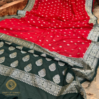 Vibrant Fusion: The Red & Green Pure Chiffon Georgette Banarasi Saree by Shades Of Benares - banarasi - banarasi saree shop