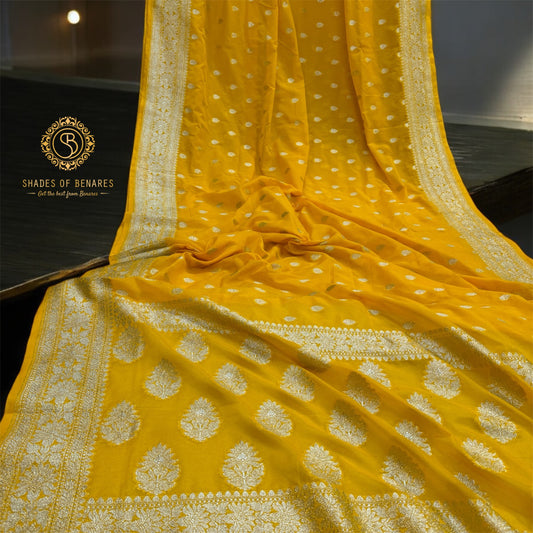 Bright and Breezy: The Yellow Chiffon Georgette Banarasi Saree by Shades Of Benares - banarasi - banarasi saree shop