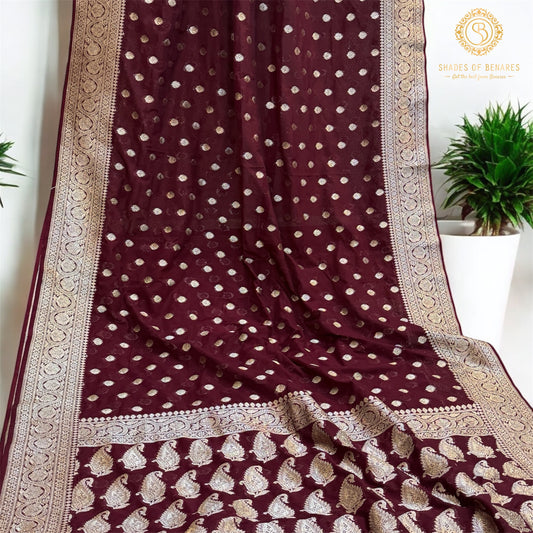 Rich Elegance: The Wine Chiffon Georgette Banarasi Saree by Shades Of Benares - banarasi - banarasi saree shop