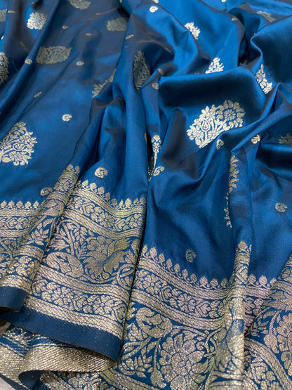 Blue Luxe Silk Banarasi Saree with Matt Gold Zari Butis | Regal Handloom Heirloom