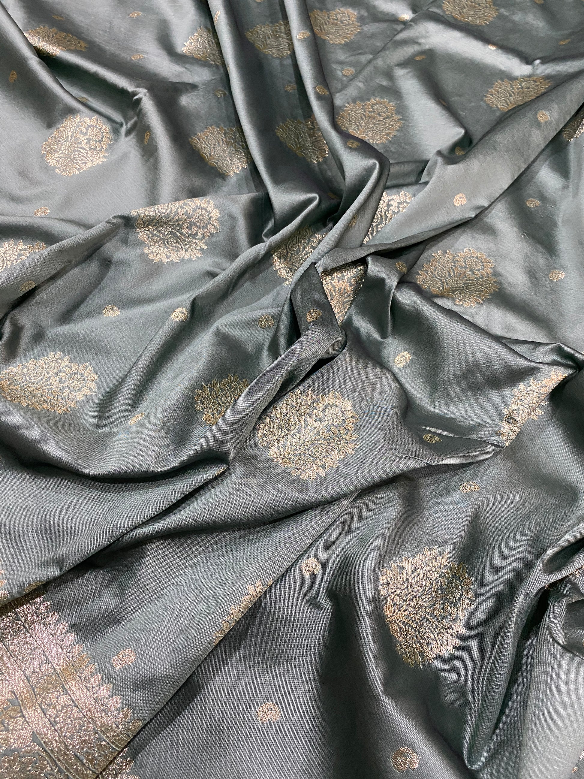 Grey Luxe Silk Banarasi Saree – Heritage Matt Gold Buti Royal Weave by Shades Of Banaras - banarasi - banarasi saree shop - banarasi saree manufacturers - banarasi saree wholesale - banaraasi sarees - banarasi sari - banarasi saris - silk saree - silk sari - wedding saree - wedding sari - designer sari - wedding collection - gifting
